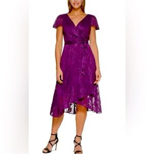 NWT DKNY Flutter Sleeve Floral Burnout Faux Wrap A-line High/Low Dress in Plum